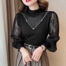 批发2026新款半高领百搭打底衫<b class='q'>网纱</b>拼接针织衫女时尚欧洲站秋装欧货潮