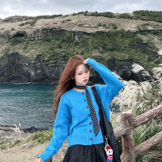 批发温柔蓝色小个子毛衣宽松针织外搭开衫秋季新款韩系ins风穿搭上衣