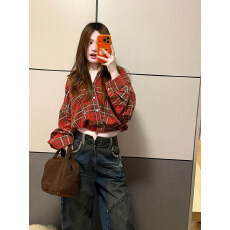 批发美式复古红色格纹松紧下摆衬衫<b class='q'>春</b>季新款小众慵懒衬衣