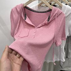 批发短袖T恤女2026年夏<b class='q'>装</b>新款韩版字母织带连帽衫休闲粉色修身上衣女