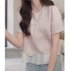 批发大码2026夏季新款<b class='q'>胖</b><b class='q'>MM</b>宽松韩系温柔百搭拼接波浪下摆短袖T恤上衣