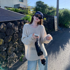 批发慵懒风气质镂空马海毛针织衫女春秋<b class='q'>新款</b>宽松显瘦百搭长袖罩衫上衣