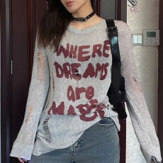 批发设计感磨破镂空针织衫女薄款美式<b class='q'>街头</b>慵懒风透视毛织罩衫