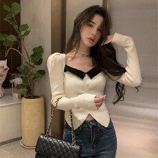 批发拼色毛衣套头修身型小个子休闲显瘦加厚打底针织衫女