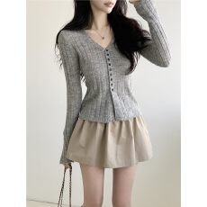 批发韩国2026春新温柔风修身V领<b class='q'>喇叭袖</b>针织开衫