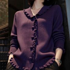 批发时髦气质紫色木耳边设计感V领长袖针织女2026春秋百搭高级感毛衣