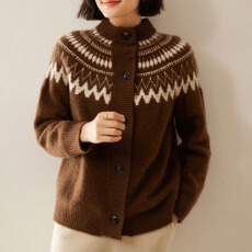 批发复古重工嵌花<b class='q'>女</b>士山羊绒开衫气质通勤风撞色设计半高长袖系扣外套