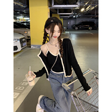 批发撞色<b class='q'>短款</b>甜辣长袖针织开衫两件套内搭吊带背心女秋季新款时尚套装