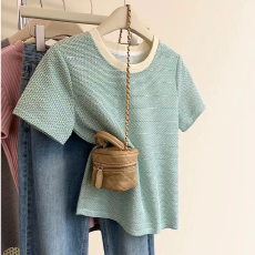 批发小香风200斤胖妹妹<b class='q'>大码</b>撞色短袖T恤女春夏宽松撞色<b class='q'>时尚</b>上衣潮