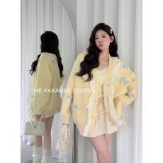 批发韩系<b class='q'>甜美</b>蕾丝拼接针织开衫2026春秋新款蝴蝶结宽松百搭毛衣外套女