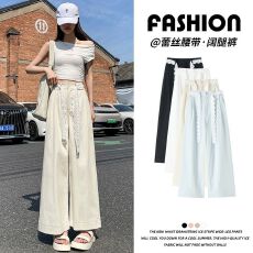 批发蕾丝系带洗水棉阔腿裤女<b class='q'>春</b>夏高腰显瘦宽松休闲裤小个子直筒九分裤