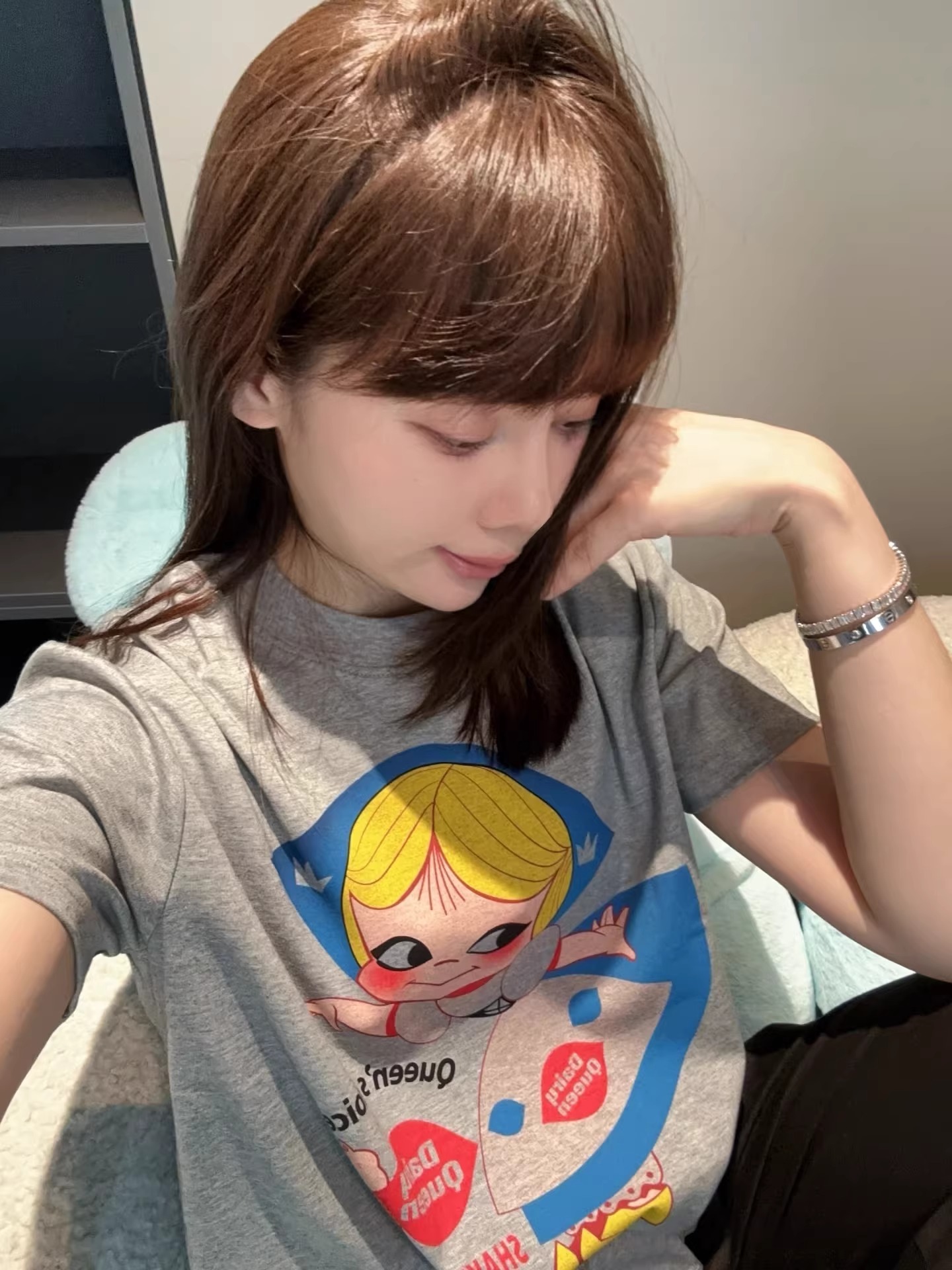 40 순면 220 그램 92 면 8 암모니아 Lun 긍정적 인 어깨 반팔 티셔츠 여성 프린트