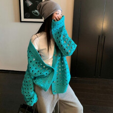 批发镂空<b class='q'>针织</b>衫女秋季新款宽松毛衣外套复古长袖<b class='q'>开衫</b>上衣