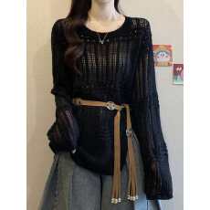 批发实拍镂空罩衫毛衣女外搭春夏新款<b class='q'>胖</b>MM<b class='q'>显瘦</b>中长款系腰带上衣