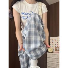 批发夏季薄款高腰显瘦休闲遛弯格纹阔腿<b class='q'>裤</b>