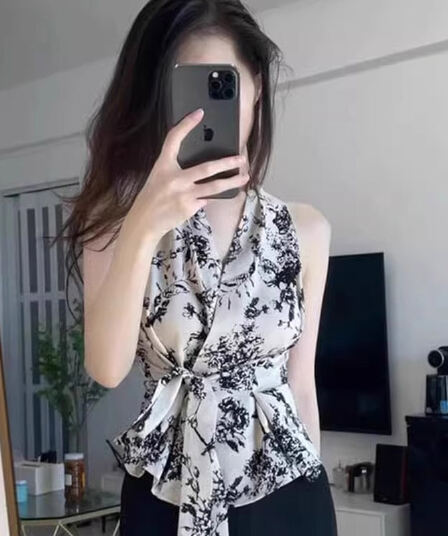 경관 그림 정가 민소매 행침 목 꽃무늬 조끼 여성 디자인 센스 작은 대중 프랑스식 Chic 아름다운 작은 맨위 여름