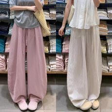 批发藏青色天丝亚麻<b class='q'>裤</b>子女夏季薄款高腰显瘦弯刀<b class='q'>裤</b>宽松休闲<b class='q'>棉麻</b><b class='q'>裤</b>子女