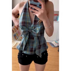 批发甜辣撞色格纹V领吊带背心女夏季复小众设计感蝴蝶结挂脖短款上衣