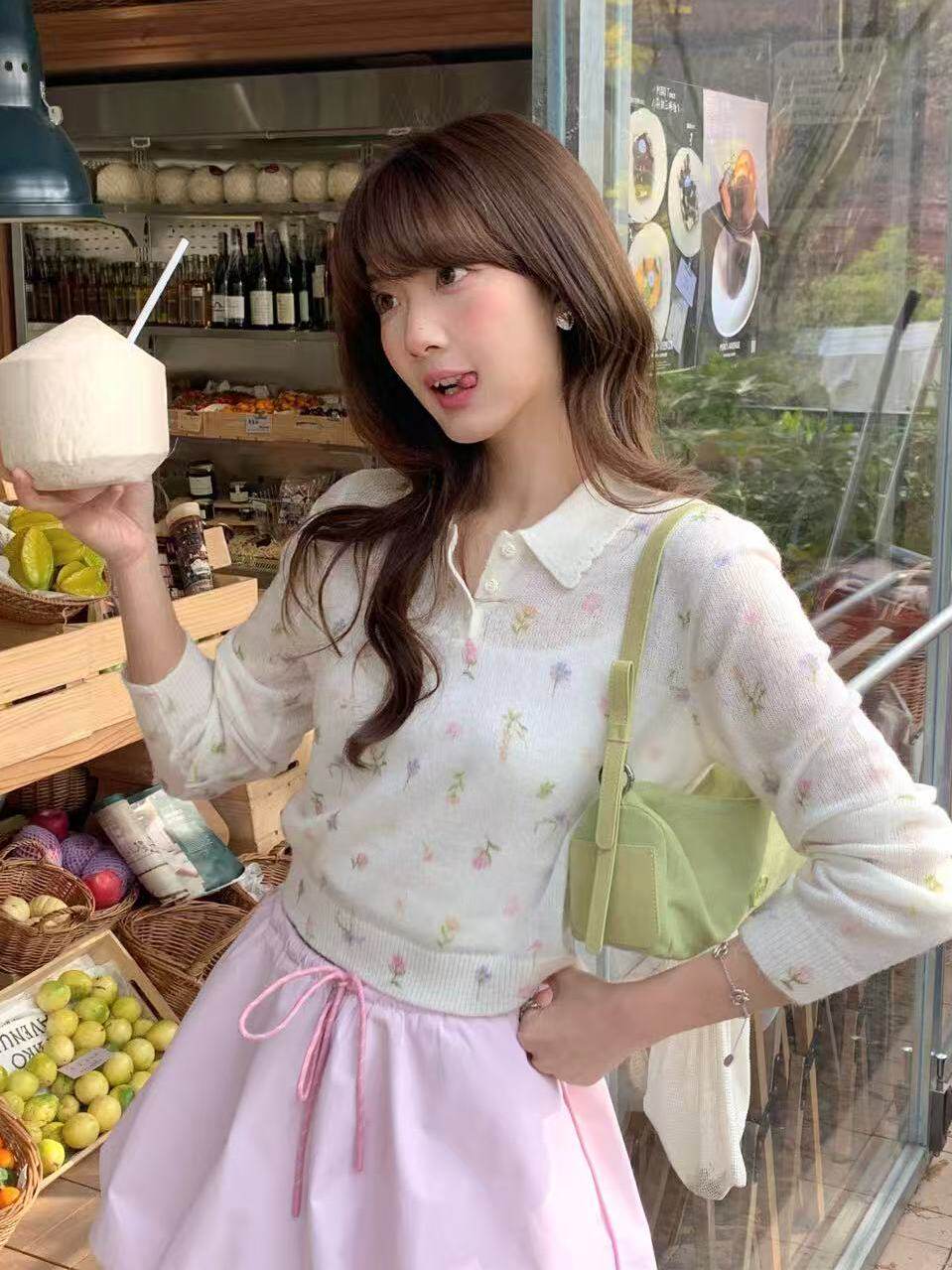 복숭아 쥐 우는 소리 한 부서 새로운 꽃무늬 호흡 센스 착용 가져 가라. 소녀 달콤함 니트 스웨터 얕은 봄 다용도 슬림해 보이는 맨위