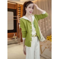 批发草绿色连帽拼接<b class='q'>假两件</b>针织开衫2026春季法式清新软糯高级感上衣女
