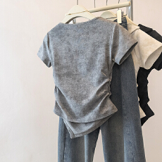 设计感翻领扎染正肩短袖T恤女夏季不规则蝴蝶结收腰上衣