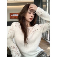 批发实价有货简约风白色镂空花纹针织毛衣女2025秋<b class='q'>冬</b>新款气质长袖上衣