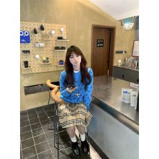 批发美式复古波点蓝色开衫毛衣<b class='q'>外套女</b>早秋季<b class='q'>短</b>款软糯慵懒风针织衫上衣