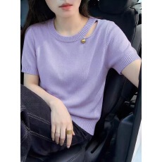 批发2026夏季新款女士时尚减龄冰丝薄款上衣超好看紫色圆领短袖针织衫