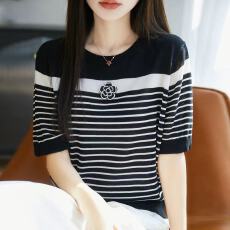 批发清新感 自然好搭配~莱赛尔天丝<b class='q'>山茶花</b>条纹短袖<b class='q'>T</b>恤衫