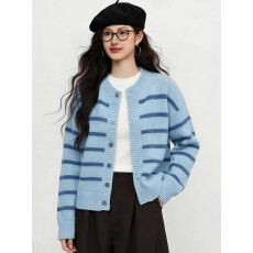 批发法式学院风条纹<b class='q'>针织</b>开衫女2026春季撞色毛衣外套慵懒软糯气质上衣