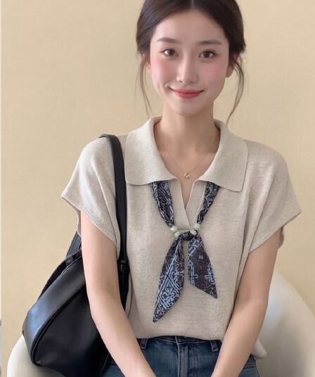 빅 사이즈 캐주얼 POLO 칼라 스카프 니트 반팔 티셔츠 여성 2026 여름 새로운 디자인 센스 작은 대중 다용도 맨위
