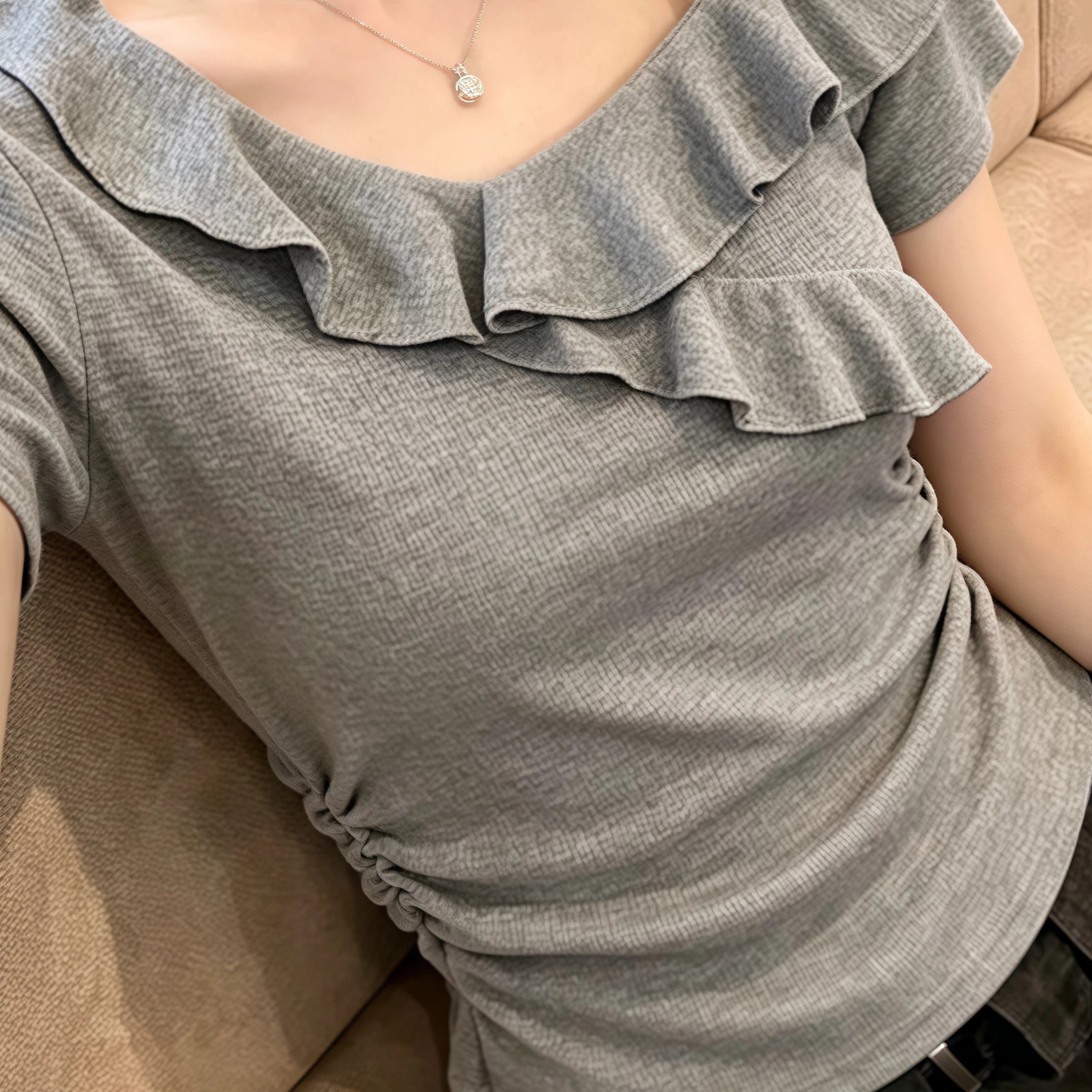 260 그램 사람들 면 회색 고급 센스 프릴 비스듬한 어깨 반팔 티셔츠 여성 여름 핫걸 오프숄더 아름다운 맨위