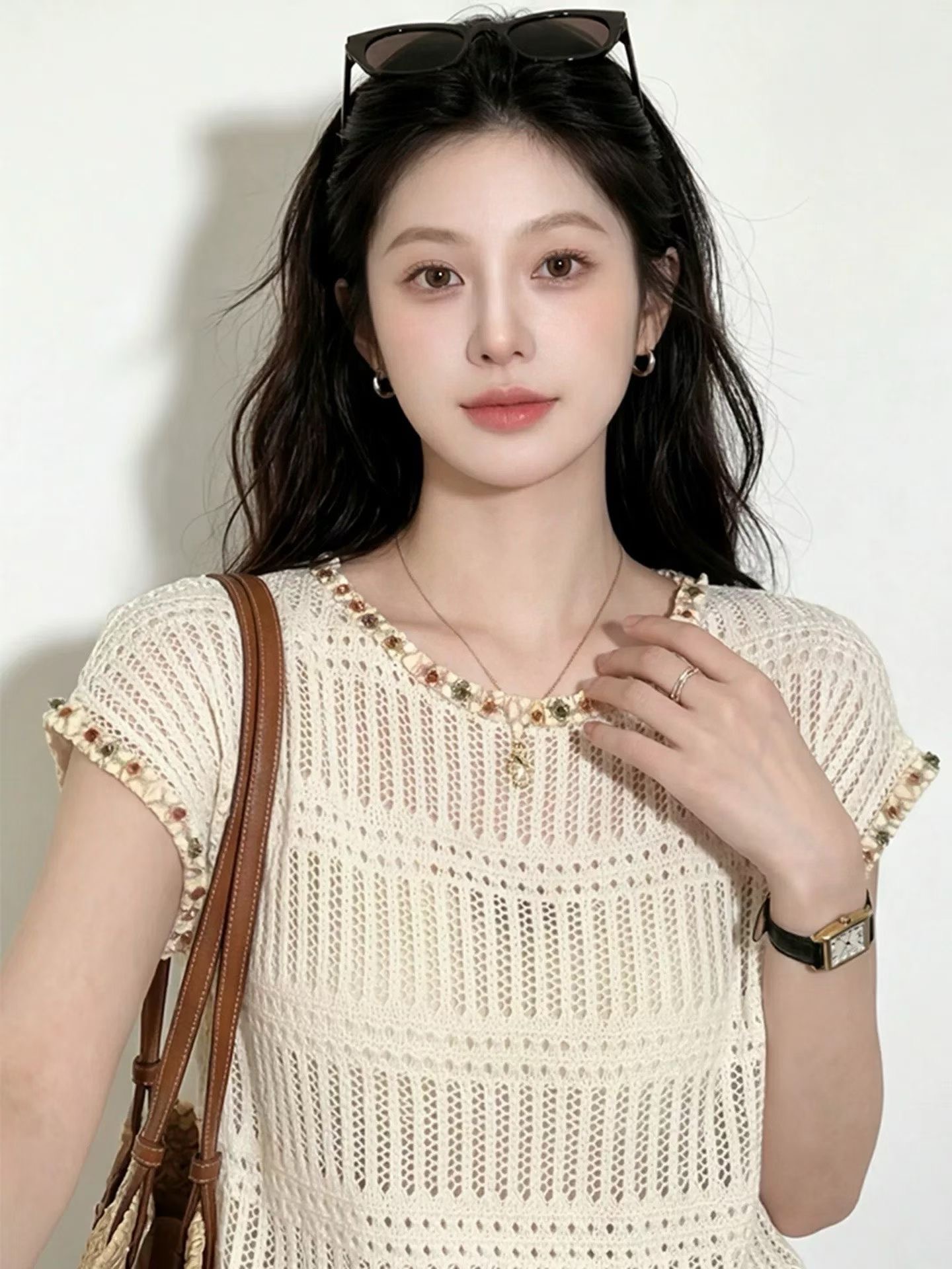 보헤미안 바람 홀로우 아웃 조끼 민소매 얇은 스타일 니트 스웨터 여성 봄 여름 새로운 패션 스택 착용 동정 트렌디