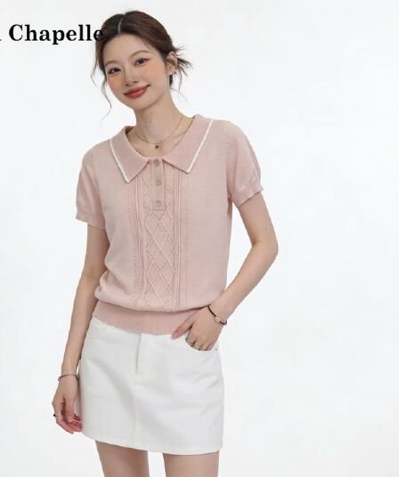 고급 아름다운 POLO 칼라 단추 디자인 센스 반팔 니트 스웨터 여성 2026 여름 새로운 슬림해 보이는 맨위