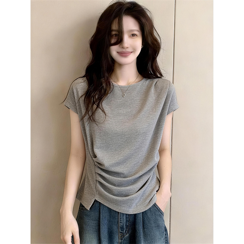 260g 빅 사이즈 여름 새로운 Feifei 소매 티셔츠 여성 2026 주름 허리 수축 맨위