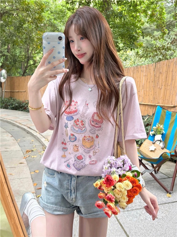 21 순면 210 그램 여름 드레스 한 부서 반팔 티셔츠 여성 한국 스타일 루즈핏 빅 사이즈 프린트