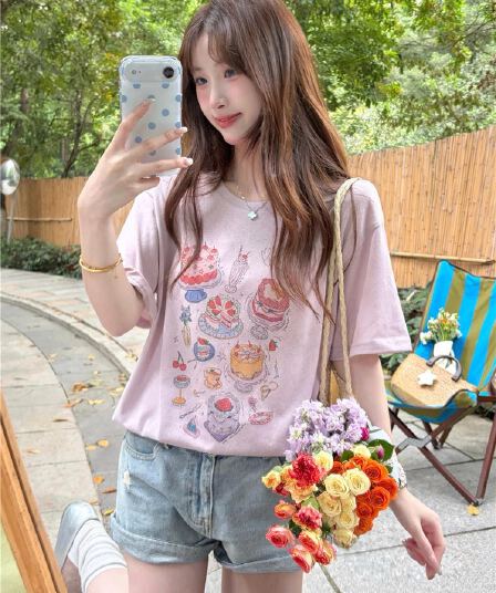 21 순면 210 그램 여름 드레스 한 부서 반팔 티셔츠 여성 한국 스타일 루즈핏 빅 사이즈 프린트