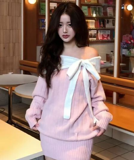있음 도착 나비 매듭 니트 여성 드레스 가을 겨울 새로운 슬림해 보이는 한 부서 허리 수축 스웨터 드레스 타이트 스커트 미니 스커트
