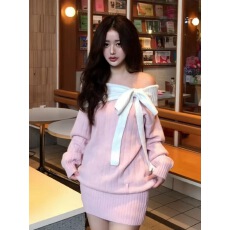 批发已到货 蝴蝶结针织连衣裙女秋<b class='q'>冬</b>新款显瘦韩系收腰毛衣裙包臀短裙