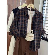 批发棕色加厚磨毛格子衬衫女秋<b class='q'>冬</b>季新款宽松休闲百搭长袖衬衣外套