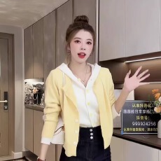 批发韩系假两件撞色连帽针织开衫女<b class='q'>秋</b>季新款软糯毛衣休闲百搭长袖上衣