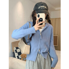 批发双拉链连帽针织衫短款上衣小众外套女春<b class='q'>秋</b>新款内搭打底衫毛衣开衫