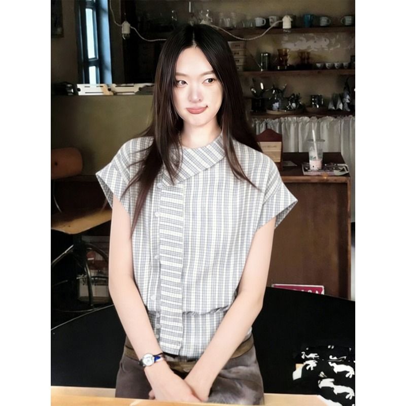 에디션 레이스 자카드 원단 불규칙 체크무늬 스트라이프 여성 셔츠 여름 연령 감소 그레이트 봐. 의류