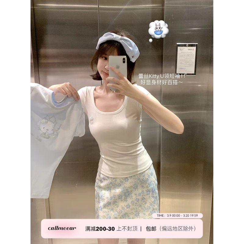 레이스 고양이 디자인 센스 반팔 티셔츠 여성 봄 몸매 가꾸기 슬림해 보이는 맨위
