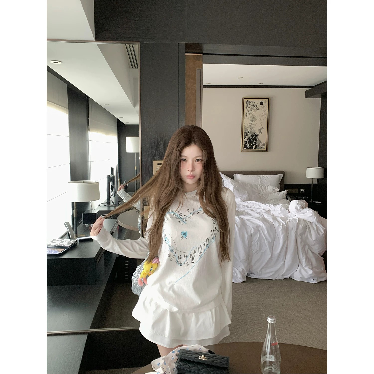 눈꽃 면 자외선 차단 맨위 휴가 비스듬한 어깨 반팔 티셔츠 여름 루즈핏 맨위