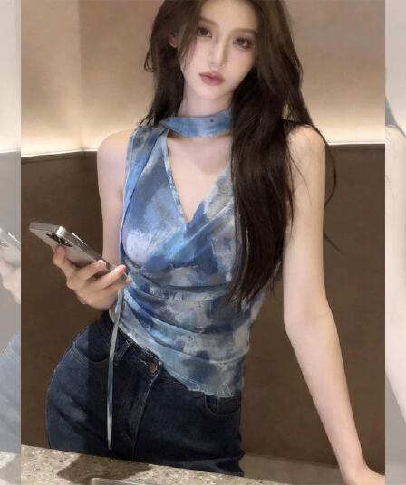 한국 스타일 헤일로 염색 프린트 V넥 민소매 캐미솔 여름 허리 수축 디자인 센스 작은 대중 주름 리본 맨위