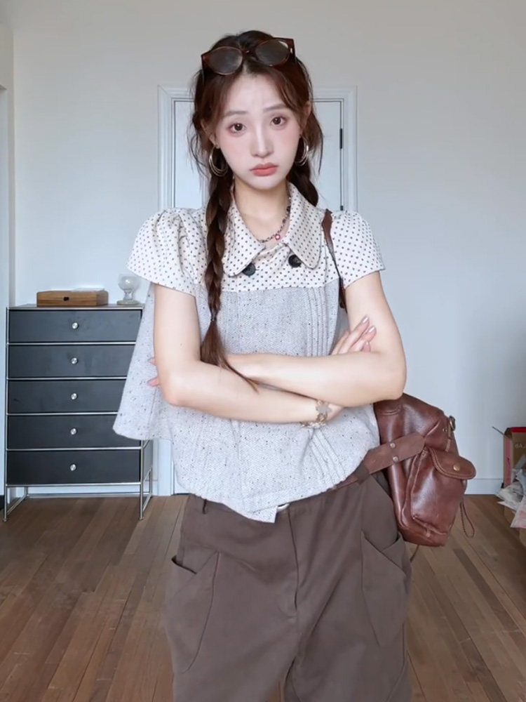 한 부서 소녀 센스 도트 무늬 베이비 칼라 여성 셔츠 플리츠 패치워크 색상 달콤함 쇼트 스타일 맨위 셔츠