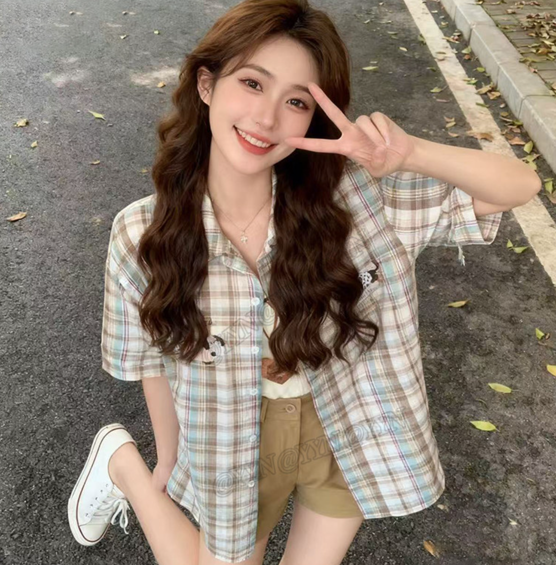 아메리칸 재미있는 강아지 수건 자수 체크무늬 반팔 여성 셔츠 여름 루즈핏 캐주얼 셔츠 고유 한 맨위
