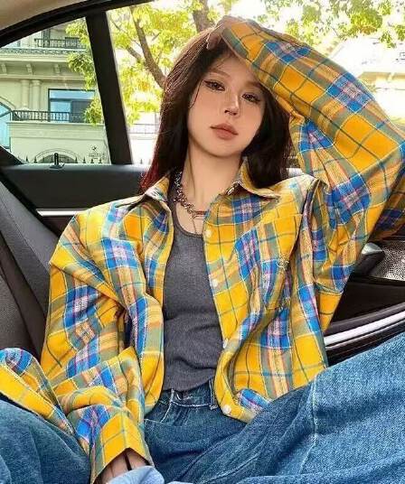 봄 가을 새로운 레트로 chic 황색 격자 무늬 셔츠 여성 코트 oversize 루즈핏 도루 가을 센스 느긋한 바람 셔츠