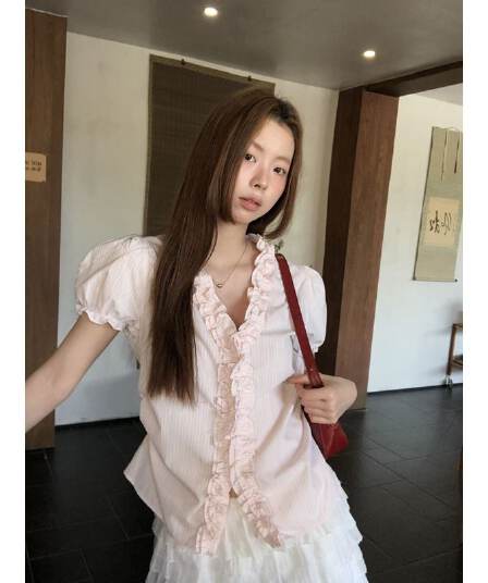 파란색 프릴 스트라이프 거품 소매 여성 셔츠 여름 V넥 꼬집기 허리 반팔 맨위